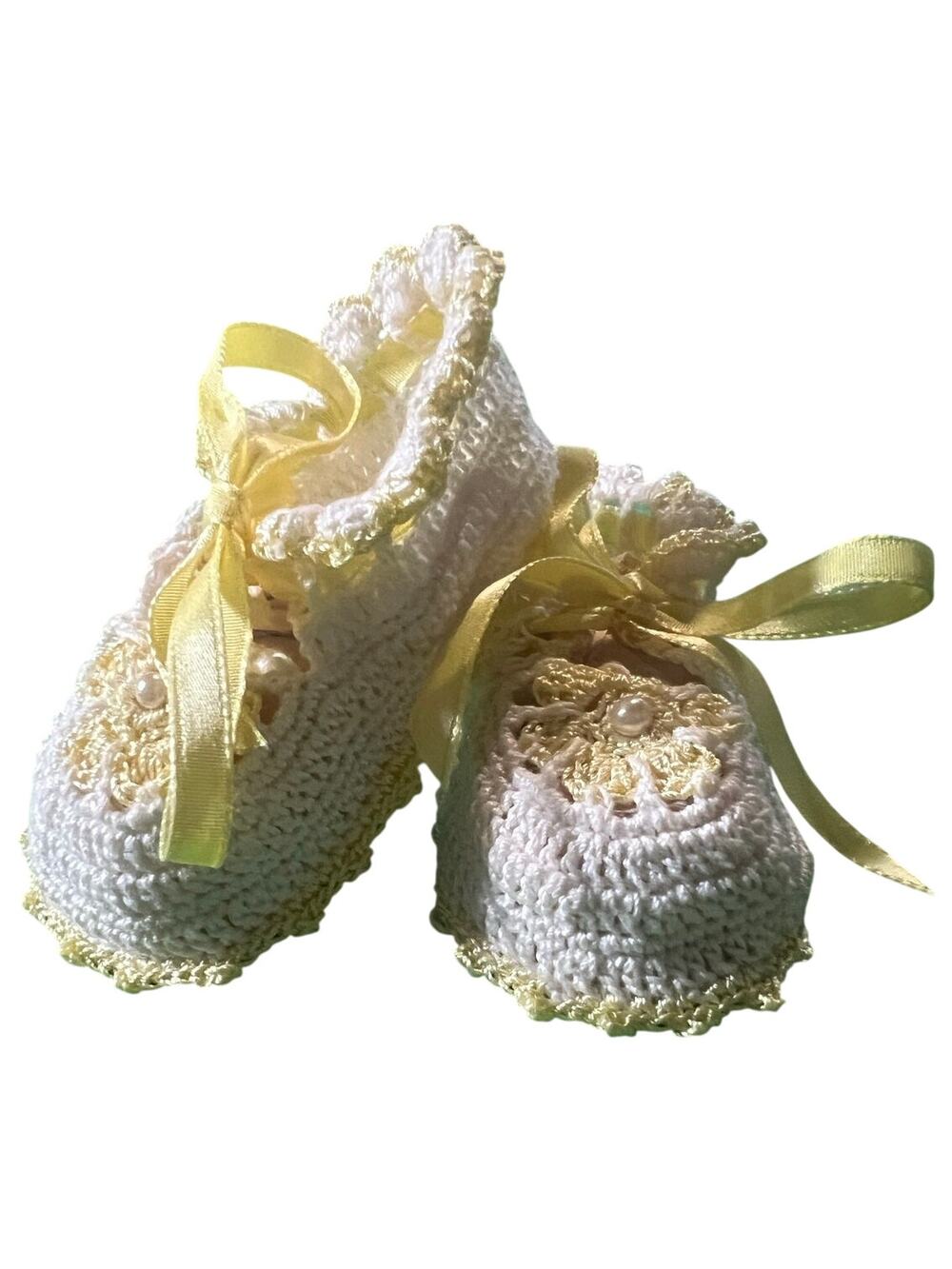 Handmade Crochet Baby Shoes Booties Slippers White - Yellow Flower Trim Ribbon